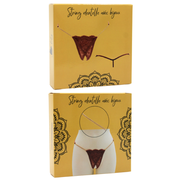 String en dentelle taupe ouvert avec chaînes dorées 